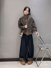 女童秋冬季毛衣套装2024新款女儿童豹纹针织外套加绒牛仔裤两件套