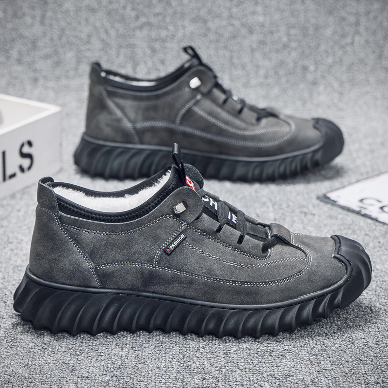 Zapatillas hombre piel negra media caña suela gruesa outdoor hiking_voghion.com