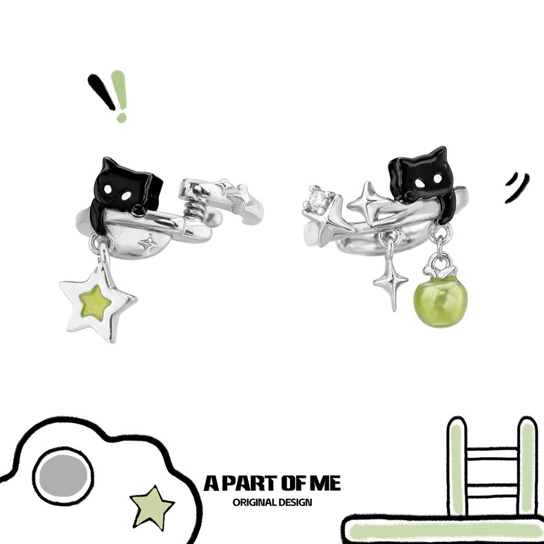 敲可爱!原创无耳洞黑猫青苹果耳夹高级感耳骨夹甜酷星星耳挂耳饰|undefined