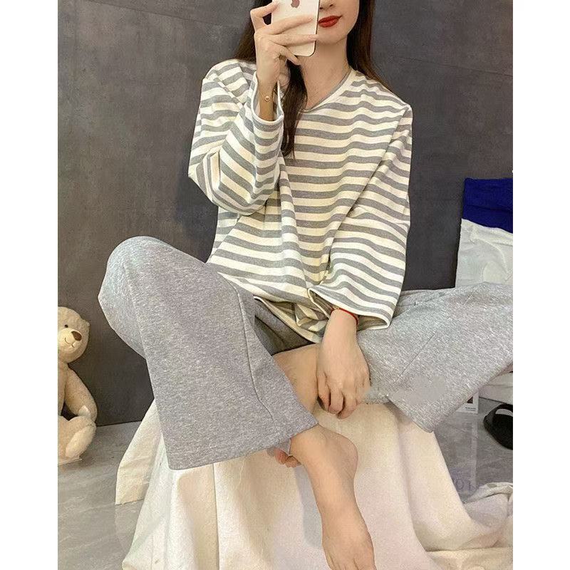 Spring and Autumn Pajamas for Women, Long-Sleeved Pants with Chest Pads, One-Piece Stripesd Loose Large Size Home Clothes Two-Piece Suit