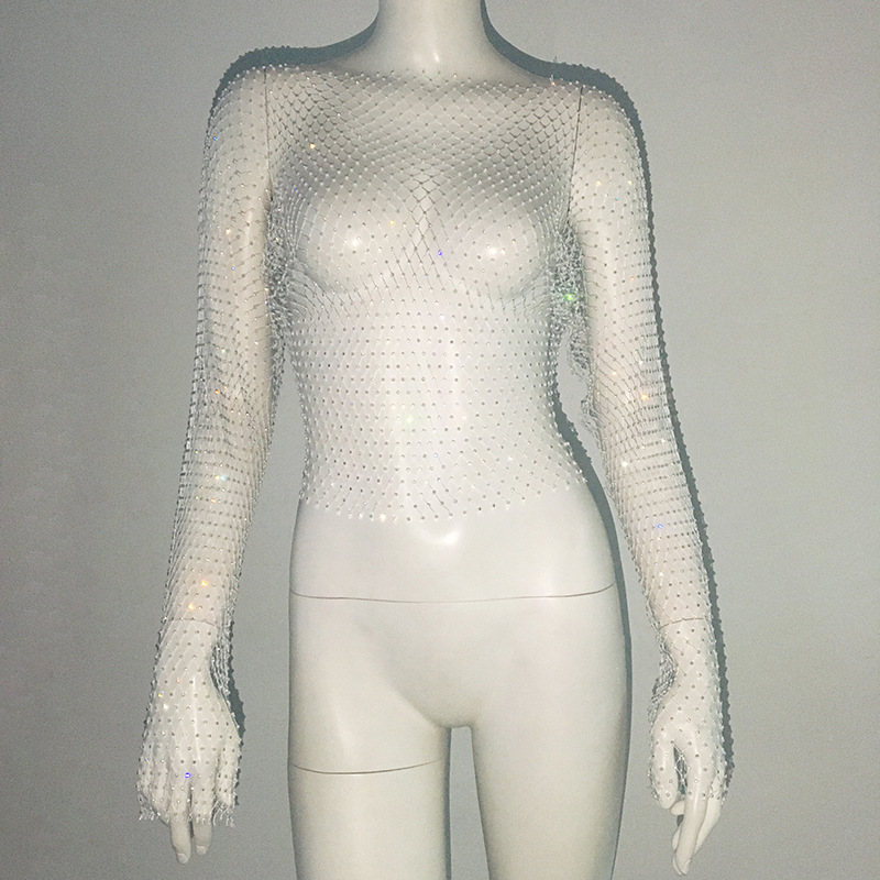 De Europa y América transfronteriza de las mujeres calientes de malla de diamantes de imitación red de pesca de manga larga Sexy Slim rhinestone Top party chica caliente de manga larga