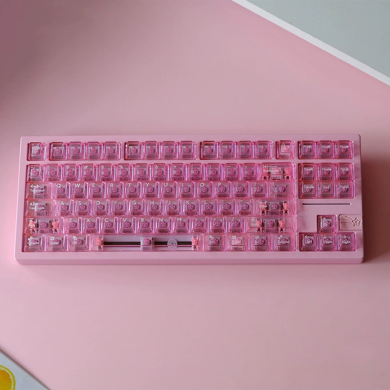 Hawaiian Snow Mountain Flower Pink Transparent Keycaps, Original High-Definition Pc Silk Screen, Compatible with Customized Mechanical Keyboards