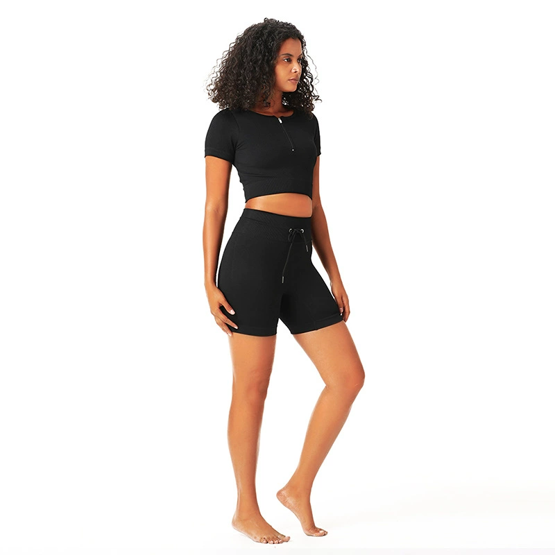 Quick dry leggings with zipper, sports yoga clothing, set, with short sleeve, tight, drawstring, for running