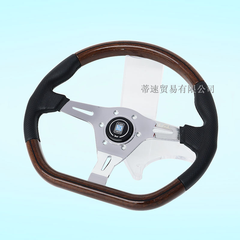Cross-Border Hot-Selling Nd Retro Mahogany Steering Wheel Modification 14inch D-Type Leather Steering Wheel with Universal Hole Spacing of 74mm