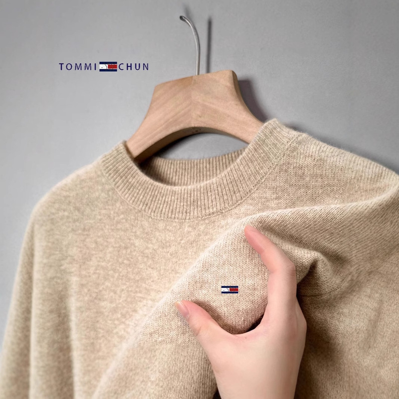 American Genuine Tommy Woolen Sweater Men's Sweater Round Neck Thickeneded Pure Color Cashmere Casual Bottoming Pullover Knitwear
