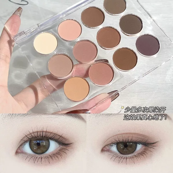 Transparent 12-color eyeshadow palette with shimmer and matte shades in milk tea and earth tones, comfortable to use, affordable for students, popular eyeshadow product