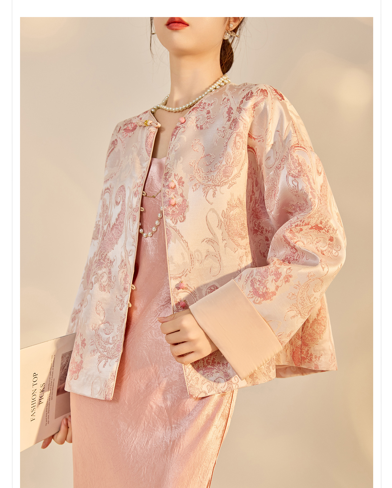 Áo khoác nữ kiểu Trung Hoa mới, chất liệu jacquard họa tiết nổi, phối khuy cài, form suông thu đông N9025 — Miju [phiên bản cotton], Hồng nhạt [phiên bản cotton], hồng nhạt, cơm cam chi tiết 26