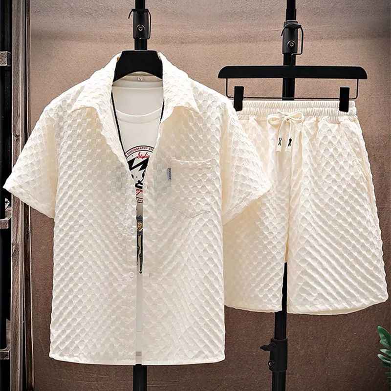 Teenagers' Waffle Short-Sleeved Shirt Men's Casual Shirt Shorts Suit Summer Thin Ice Silk Sports Two-Piece Set