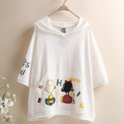Summer Plus-Size Hong Kong Style Hooded Top with Pocket Print, Loose Short-Sleeve Women's T-Shirt, Trendy Casual Versatile Summer Plus-Size Hong Kong Style Hooded Top with Pocket Print, Loose Short-Sleeve Women's T-Shirt, Trendy Casual Versatile