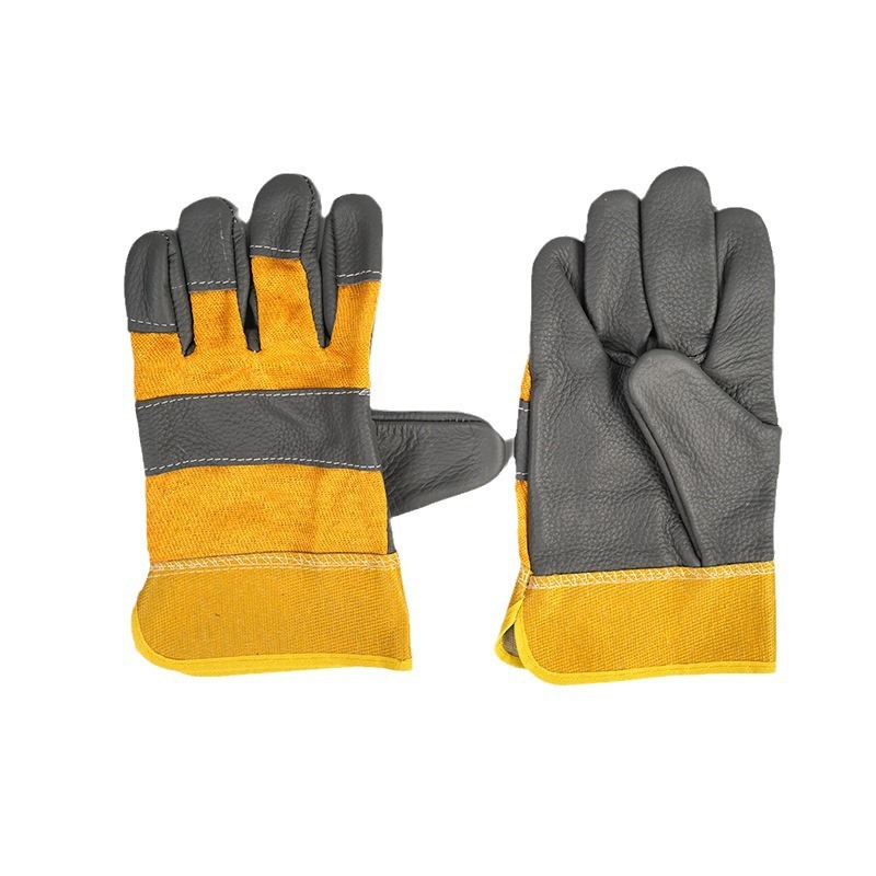 耐磨防烫焊接工作劳保手套 短款头层黄布胶袖家私皮劳保防护手套