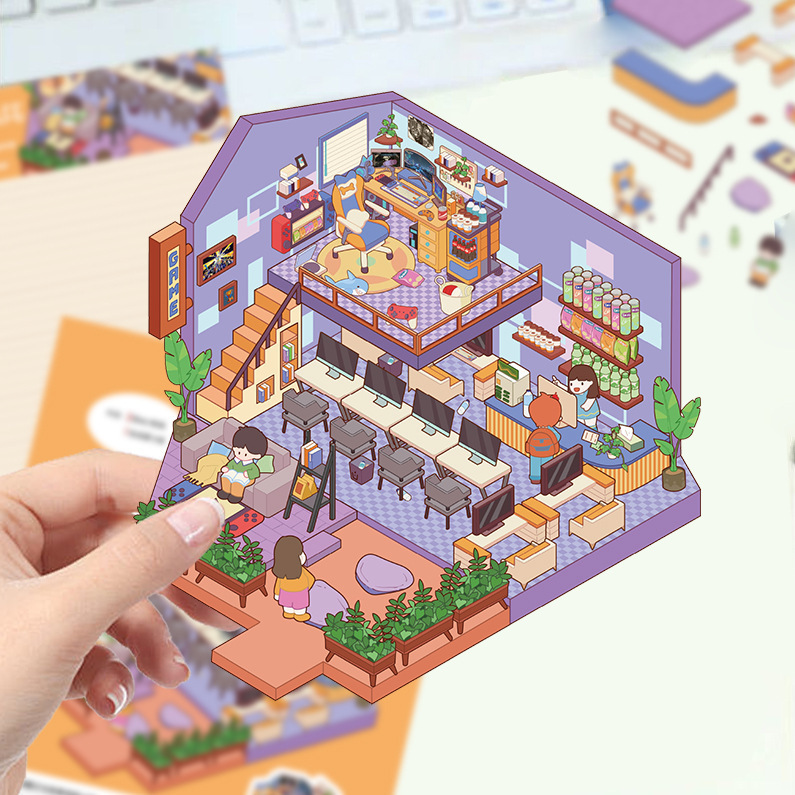 漫画造園ステッカー、さまざまなミニチュア世界 3D キャビン、リトルレッドブック減圧 DIY シーンハンドブックステッカー卸売 PET|undefined