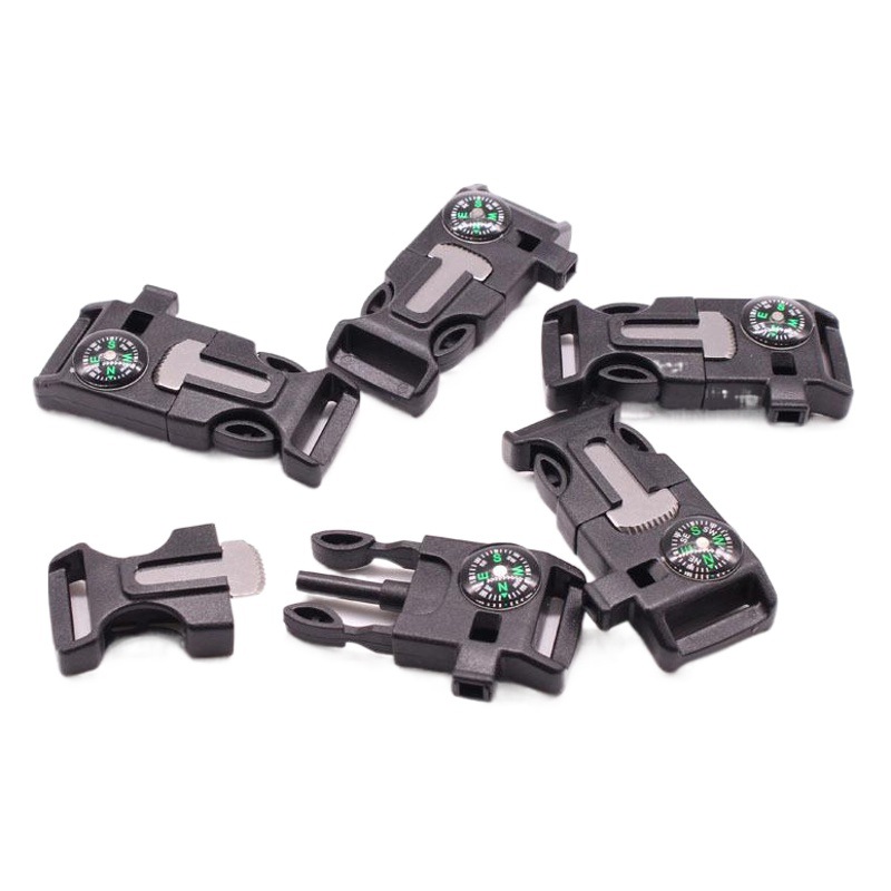 Outdoor Braided Paracord Accessories with Buckle, Multi-Purpose Survival Tool, Compass, Whistle, Fire Starter, Bag Buckle