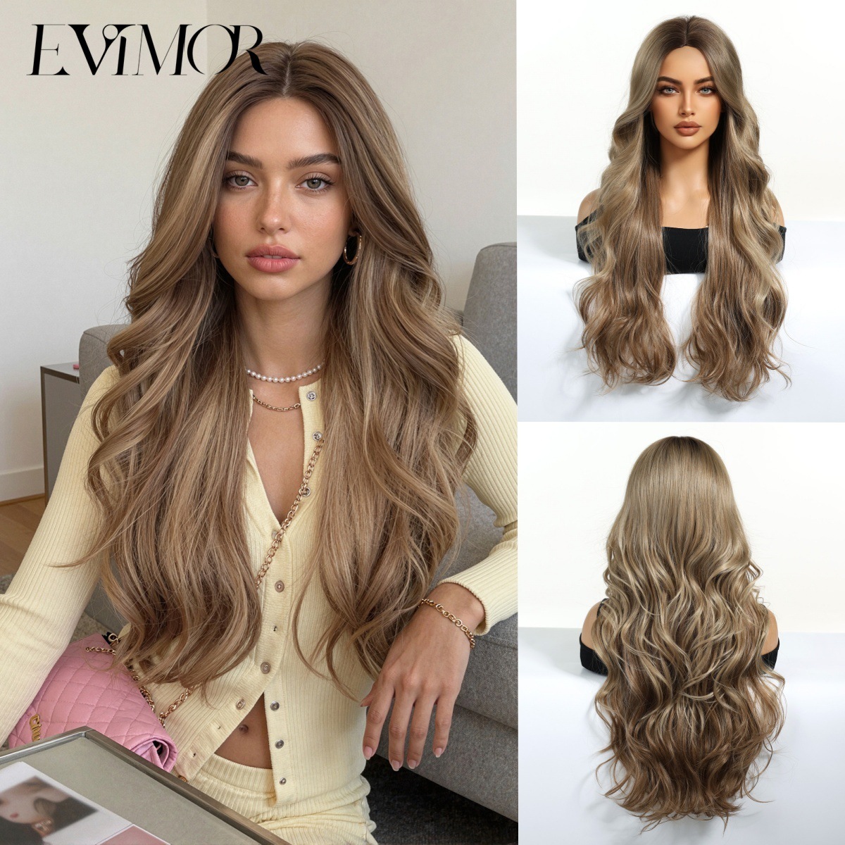 Peluca larga rizada nueva transfronteriza para mujer, peluca completa, estilo europeo y americano, con raya en medio, peluca de fibra sintética negra. image 8