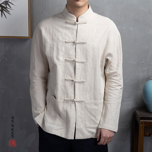 秋季中国风盘扣亚麻衬衫男士宽松长袖棉麻上衣中式男装复古风衬衣