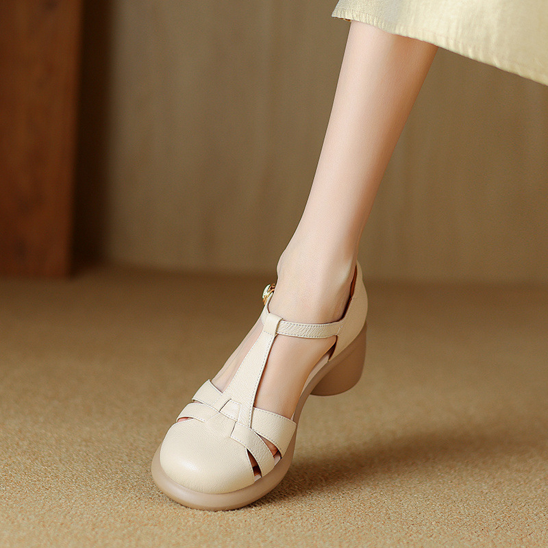 Sandal Mary Jane nữ đế dày gót vuông mũi tròn dệt kiểu La Mã — Màu trắng nhạt chi tiết 8