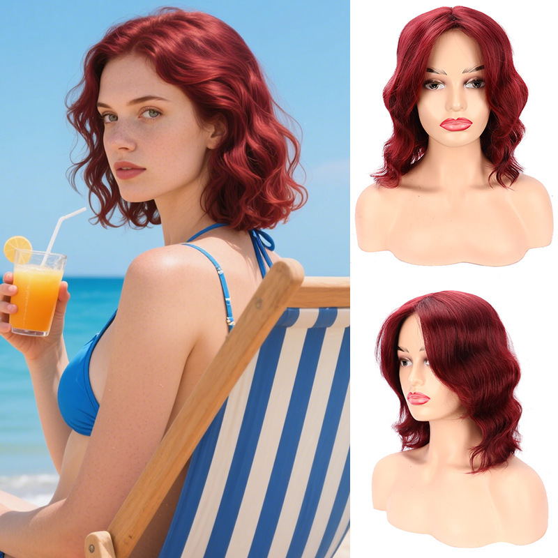 European and American Wigs for Women in the 1980S Retro Fashion Burgundy Ladies Wavy Short Curly Hair Chemical Fiber Full Head Wig Set