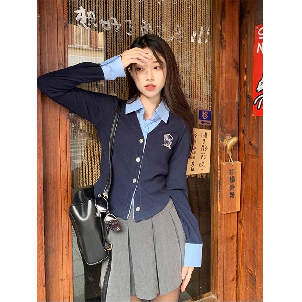 ZM826 New Versatile Casual Faux Two-Piece Polo Collar Shirt Women's Autumn College Style Slim Fit Short Layering