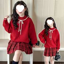 女童红色毛衣冬季加厚洋气新款针织衫青少年中大童百搭亲子半时尚