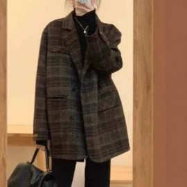 2026春秋新款毛呢大衣女小个子英伦格子西装薄羊毛呢休闲外套女