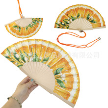 现货款西班牙木扇 禾木折叠扇 涤棉布扇 便携23cm长折扇可配挂绳
