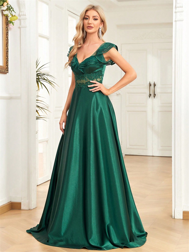 Women Satin Sleeveless V neck Flounce Cocktail Evening Dress