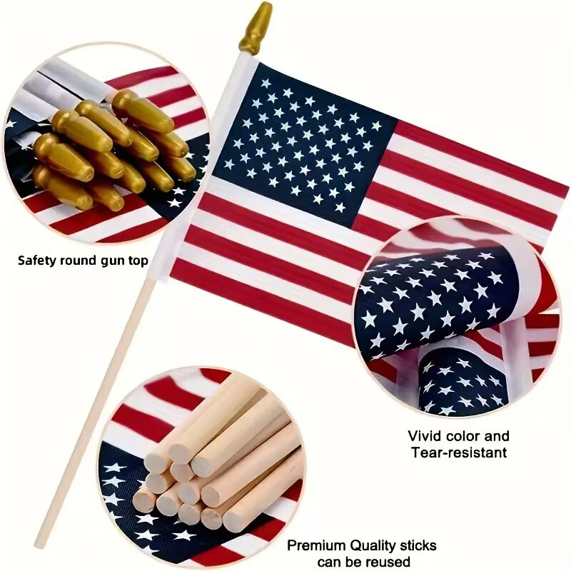 Cross-Border Spot American Flag Hand-Waving Flag Wooden Pole Golden Tip Plastic Flagpole 10*15cm Polyester Flag