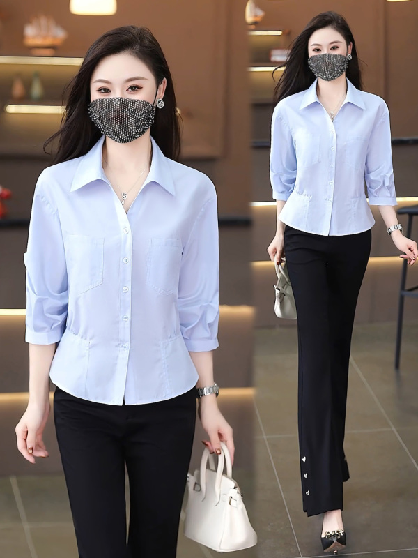 2025春秋新款时尚韩版设计感条纹衬衫女洋气质减龄休闲7分袖衬衣|undefined