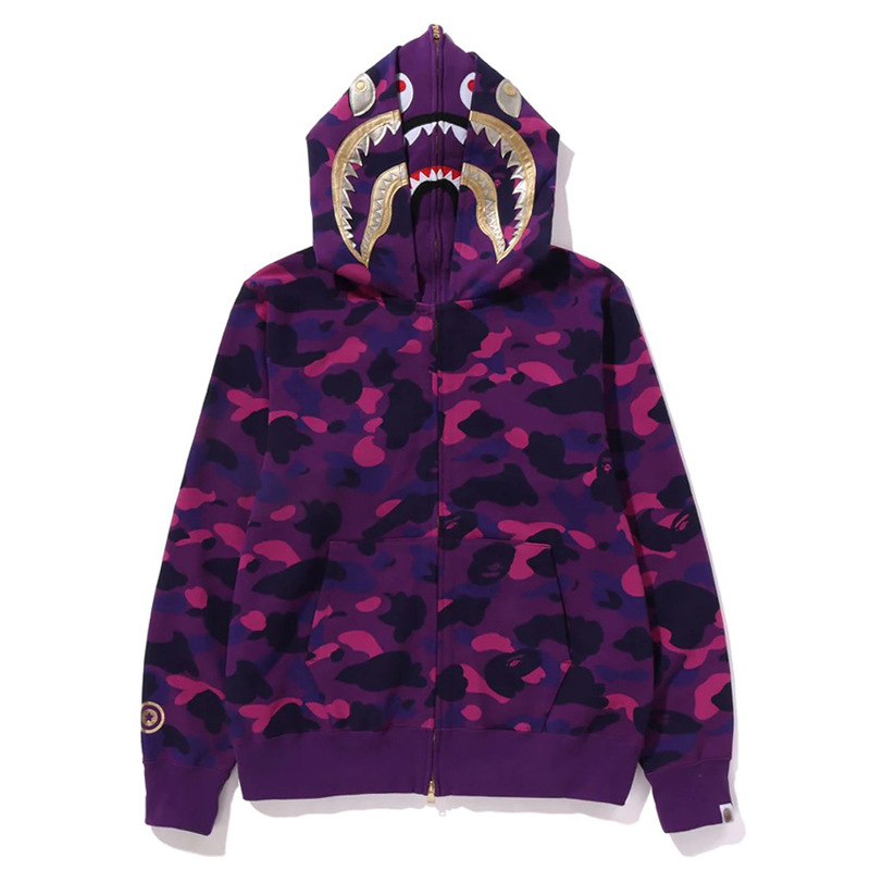 猿人APE サメと虎の頭刺繍入り迷彩柄ダブルハットスウェットシャツ メンズ ゆったりカーディガン ジップアップフード付きジャケット 夜光