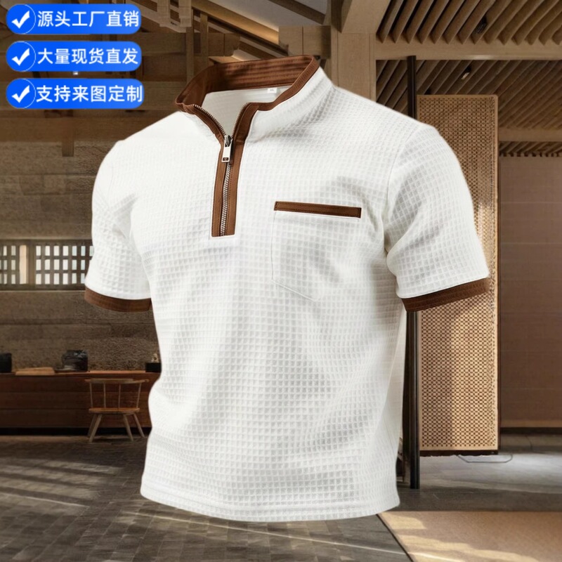 European and American Ins Cross-Border 2026 Summer Amazon Polo Shirt with Zipper Pocket Men's Stand Collar Sports Polo Shirt