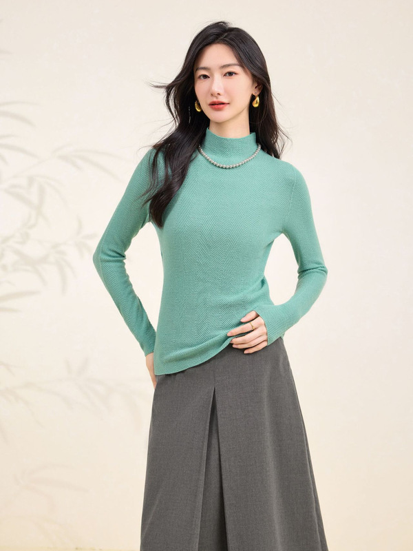 无缝一体 鱼骨纹扬子纱100羊毛衫女半高领打底衫秋冬内搭针织衫女|undefined