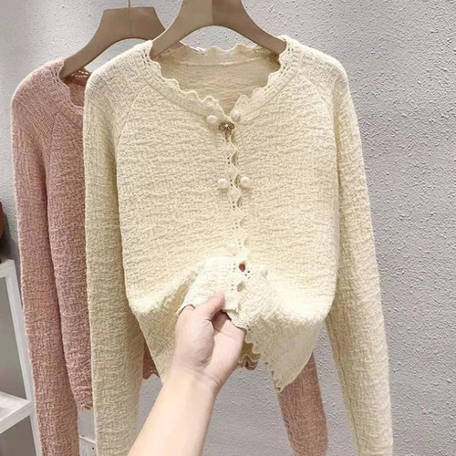 French-inspired gentle style: Spring hollowed-out crochet floral cardigan for women – versatile solid-color thin sweater with lace-trimmed collar and jacket-like design