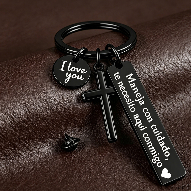 Cross-Border Stainless Steel Engraved Driving Safety Keychain Creative Couple Car Pendant Blessing Gift Bag Pendant Cross-Border Stainless Steel Engraved Driving Safety Keychain Creative Couple Car Pendant Blessing Gift Bag Pendant