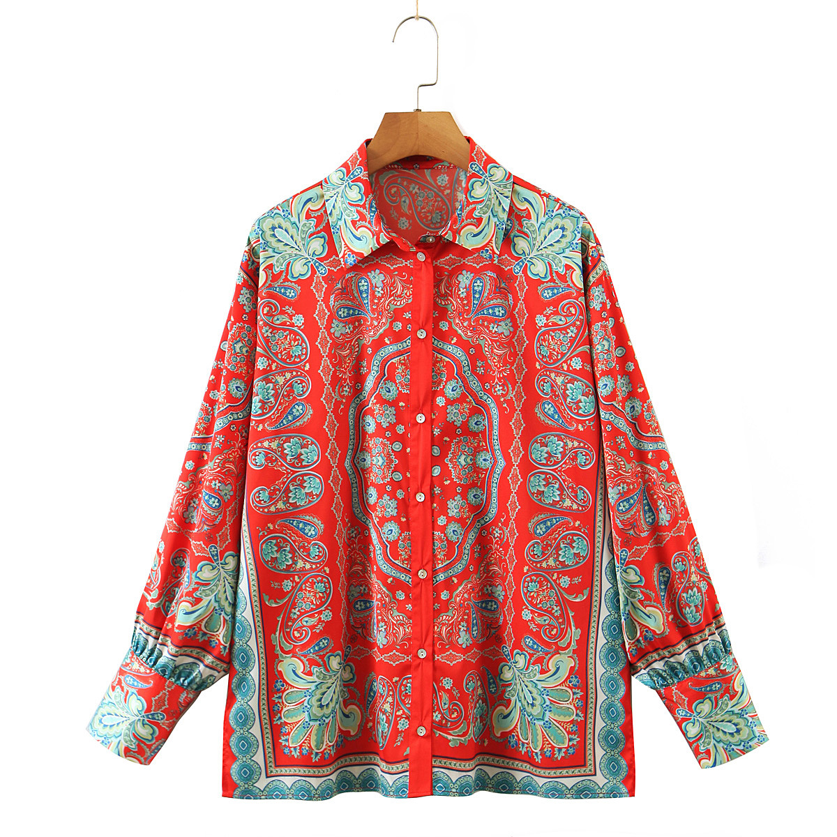 spring red print loose long-sleeved lapel shirt NSXFL118367