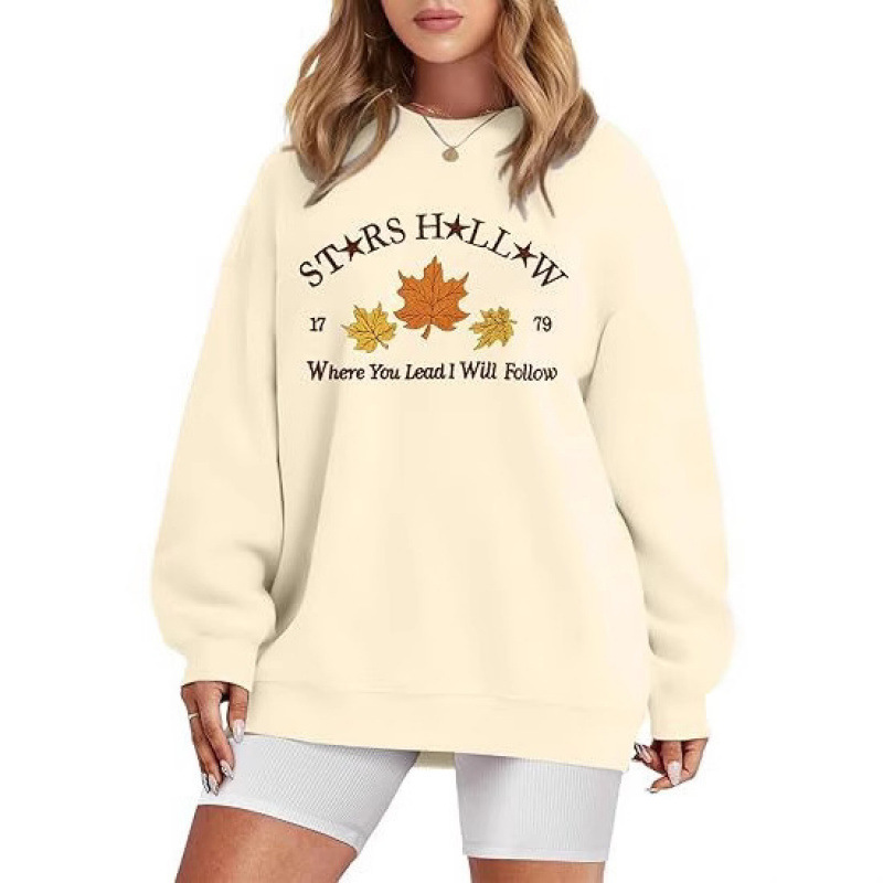 2025 Round Neck Women's Sweatshirt Autumn Leaf Pattern Printing Cross-Border Amazon Autumn and Winter New Wholesale