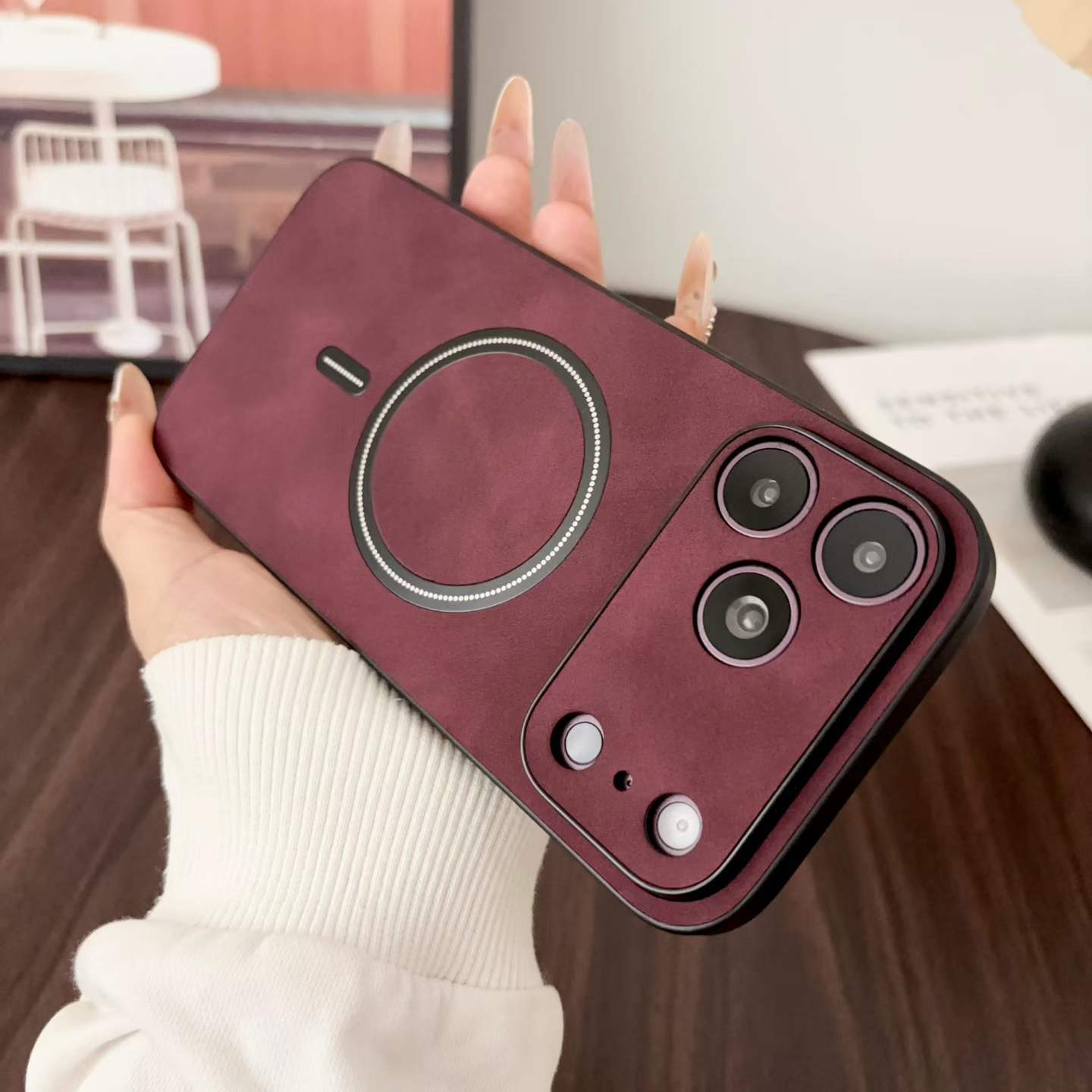 Funda magnética para iPhone 15/16 - Material de piel de cordero - Compatible con MagSafe - Diseño de textura de cuero - Protección total