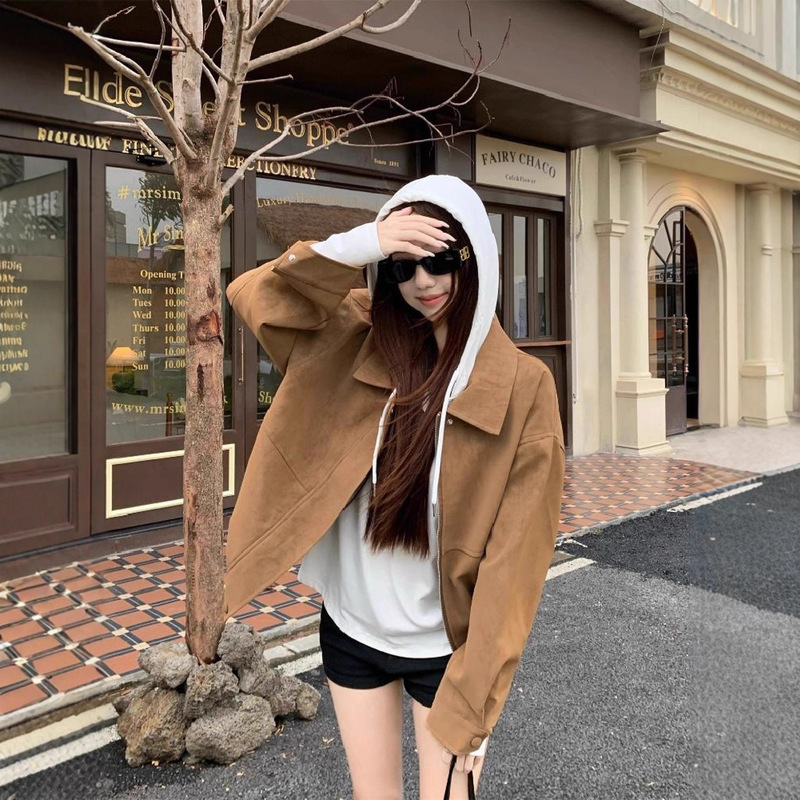 美拉德复古仿麂皮绒长袖外套女2025秋季新款宽松翻领休闲机车夹克|undefined