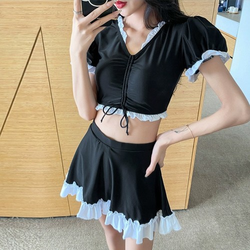 2024 new split women's swimsuit V-neck college style small fresh hot spring skirt casual swimsuit