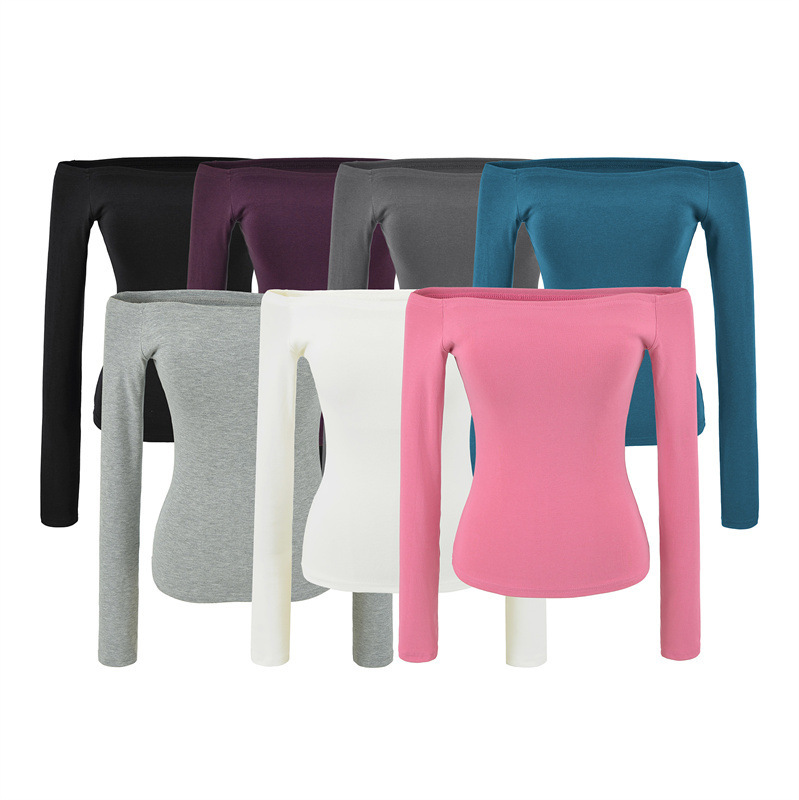 Sexy one-shoulder tight-fitting long-sleeve T-shirt for women, autumn off-shoulder design, slim-fit with built-in bra, hot girl top