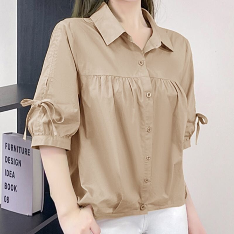 Short-Sleeved Shirt for Women, Summer Thin Style, Bow-Tie Half-Sleeved Top, Loose, Fashionable, Age-Reducing Mid-Sleeve Shirt for Outer Wear Short-Sleeved Shirt for Women, Summer Thin Style, Bow-Tie Half-Sleeved Top, Loose, Fashionable, Age-Reducing Mid-Sleeve Shirt for Outer Wear