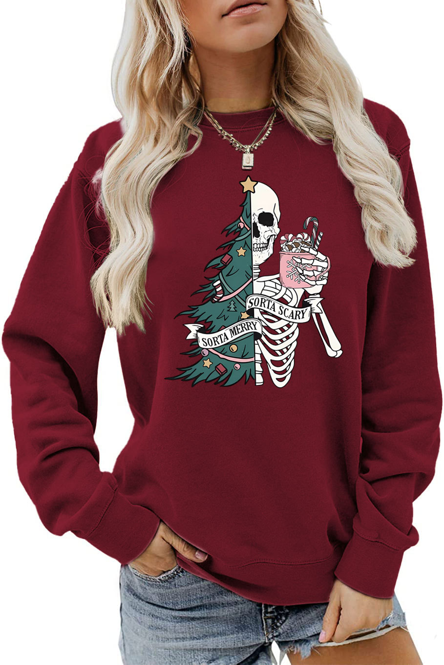 Women's Hoodies Long Sleeve Printing Christmas Christmas Tree Skeleton display picture 12