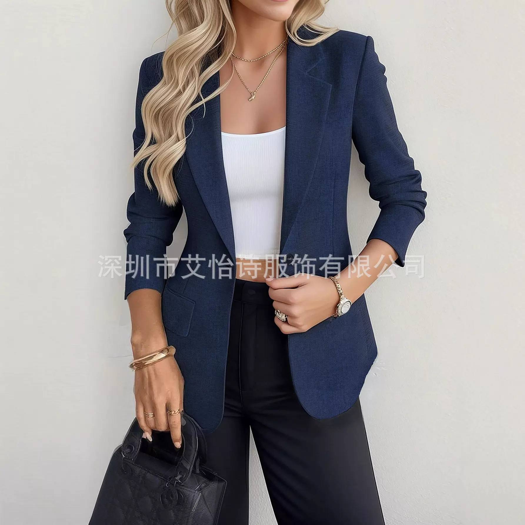 2025欧美跨境新款女装外套纯色翻领西装宽松单排扣修身西装女