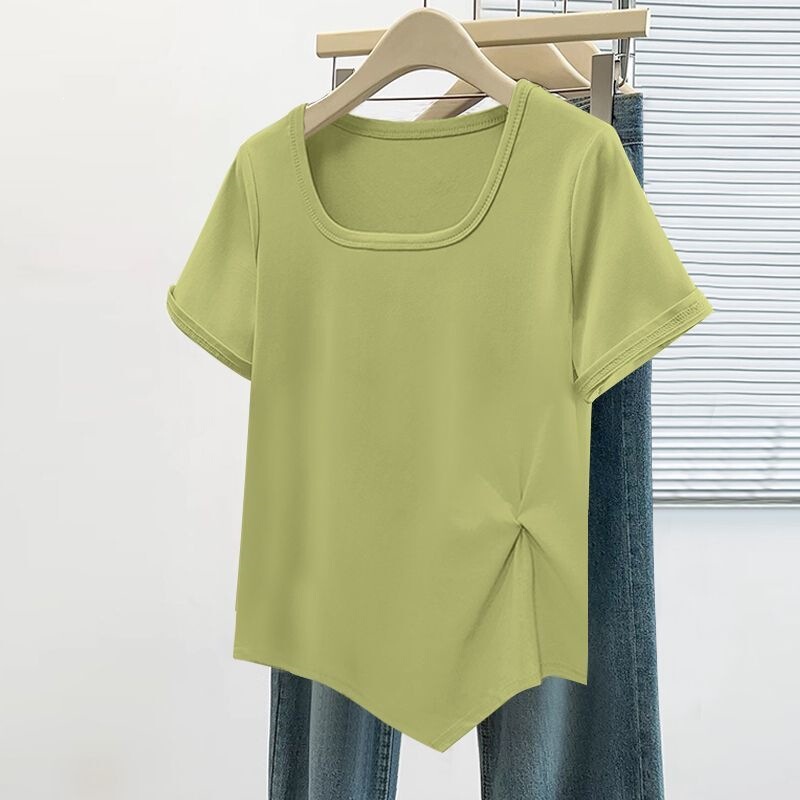 Bargain Find~ Irregular Short Slim-Fit Regular Shoulder Short-Sleeve T-Shirt for Women, Summer Korean Style, Layered Wear, Tops for Slightly Plump Women, Cross-Border Bargain Find~ Irregular Short Slim-Fit Regular Shoulder Short-Sleeve T-Shirt for Women, Summer Korean Style, Layered Wear, Tops for Slightly Plump Women, Cross-Border