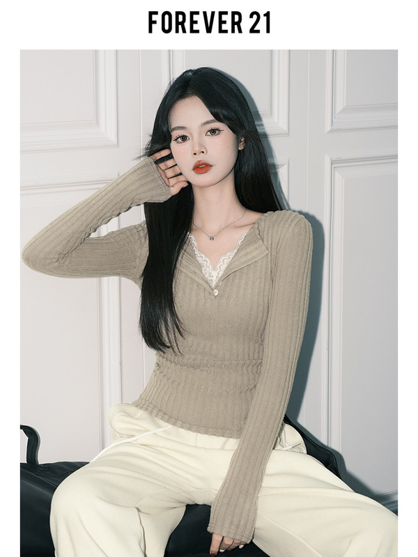 Forever21气质灰色蕾丝假两件V领针织小衫女纯欲修身长袖打底上衣|undefined