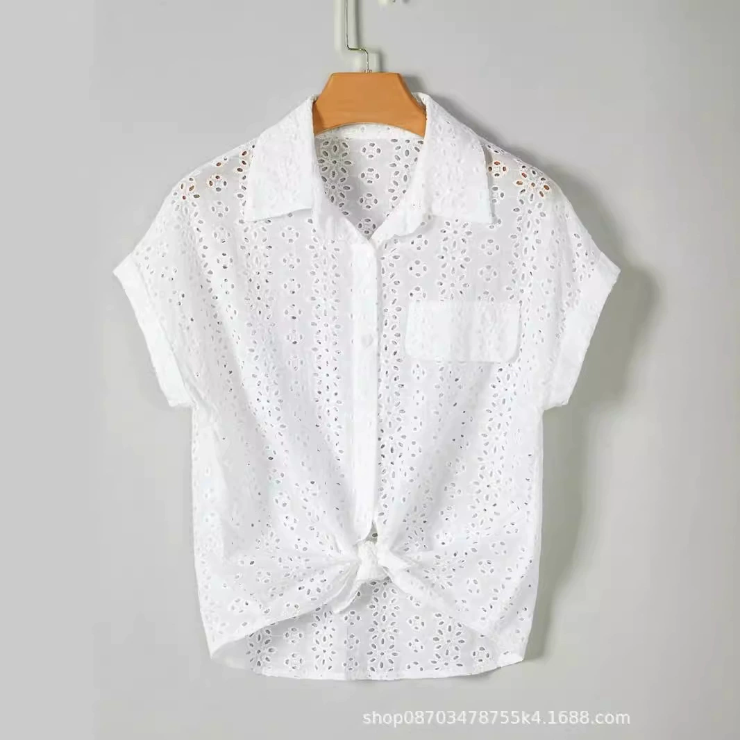 2024 Летняя новая женская одежда европейская и американская лацканная вышивка женская рубашка