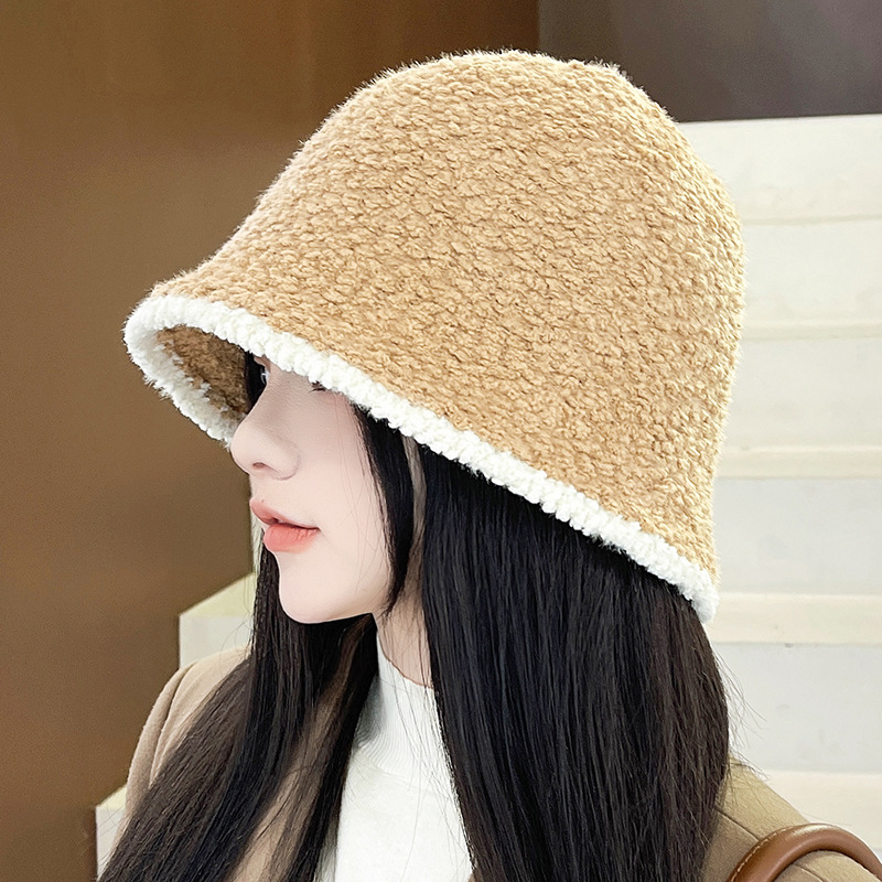 Korean version of the contrast color side plush bucket hat children autumn and winter fashion fisherman hat face small warm basin hat spot wholesale