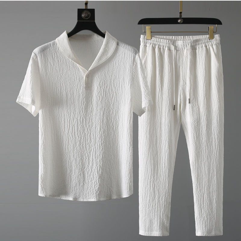 Men's Ethnic Style Ice Silk Thin Short Sleeve T-Shirt Casual Plus Size Loose Top Mid Sleeve Set Summer Sports Two Piece_viptrois.com