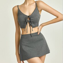 源头工厂2025分体泳衣女三件套性感深V绑带修身显瘦条纹裙式bikin