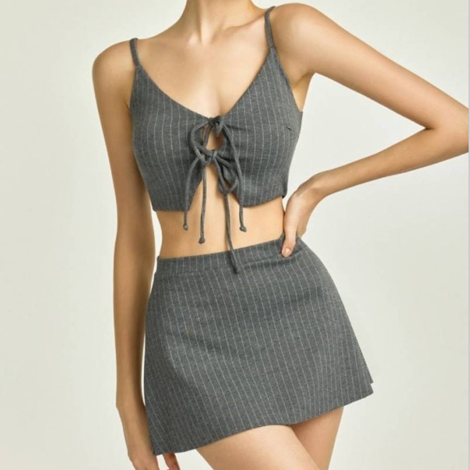 源头工厂2025分体泳衣女三件套性感深V绑带修身显瘦条纹裙式bikin