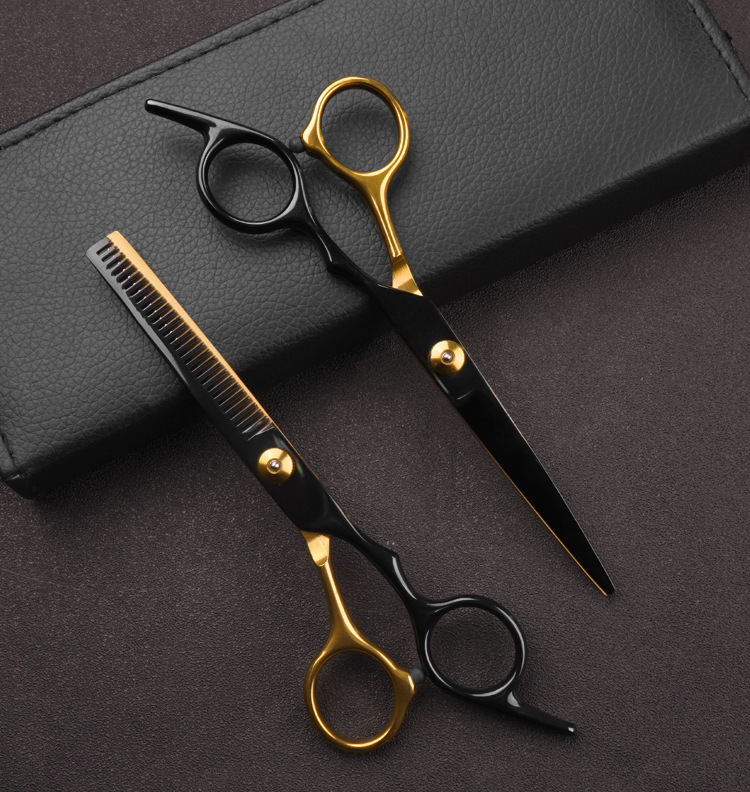 Forbici✂Forbici da parrucchiere a denti piatti in acciaio inossidabile nero e oro, set professionale per il taglio dei capelli_voghion.com