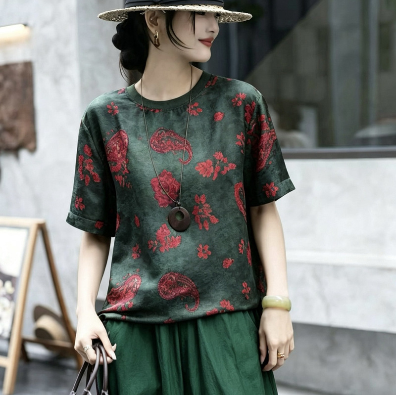 2026 Shenzhen Nanyou Silk Xiangyun Yarn Ribbed Short-Sleeve Round-Neck Top, Loose Fit, Simple and Elegant